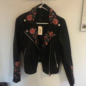 Black embroidered cropped faux leather jacket
